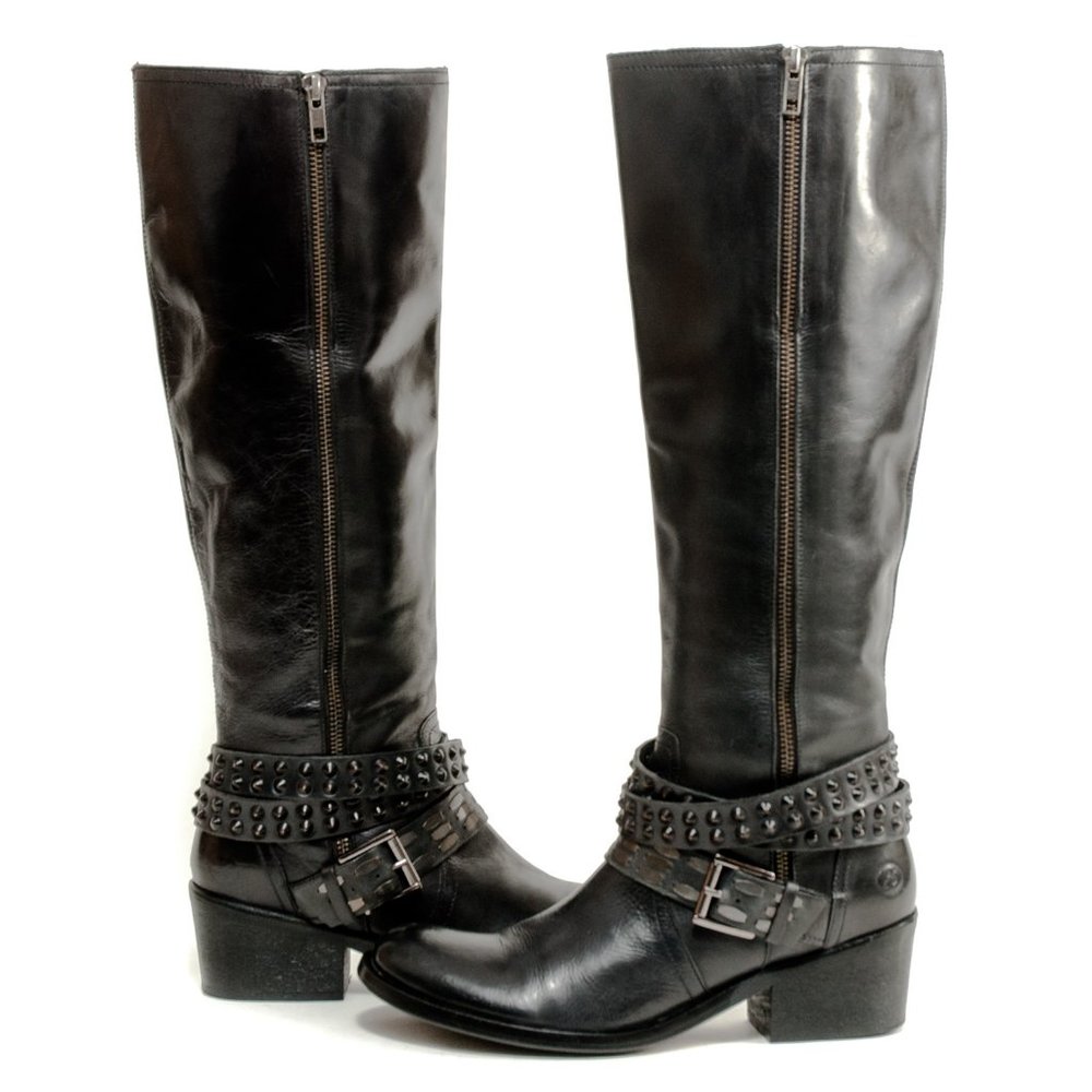 ~BRONX~ Black Leather Harness & Studs Knee-High Moto Boots, Size 39/8.5